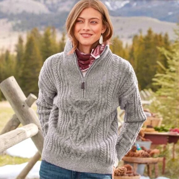 Sundance Angelique Mock Neck Quarter Zip Cable Knit Pullover Sweater Gray - Picture 1 of 14